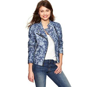 Gap Women's Size S Light Blue Quilted Floral Chambray Stand Collar Moto Jacket